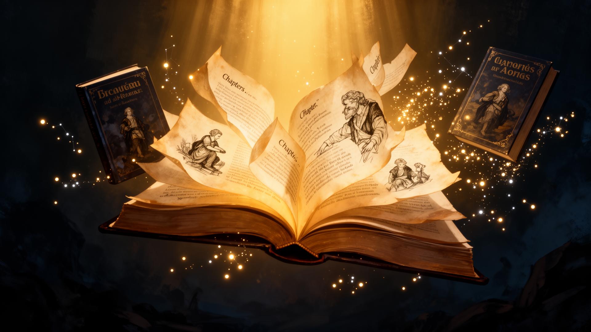 Magical open book with floating pages and stardust